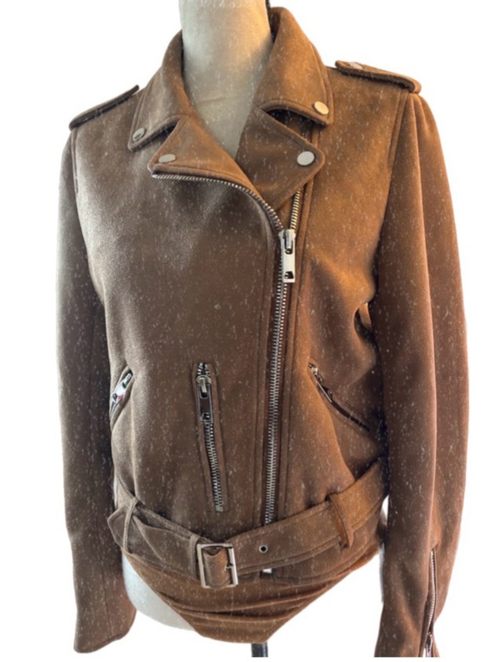 Brown Suede motorcycle Zip up belted biker jacket
